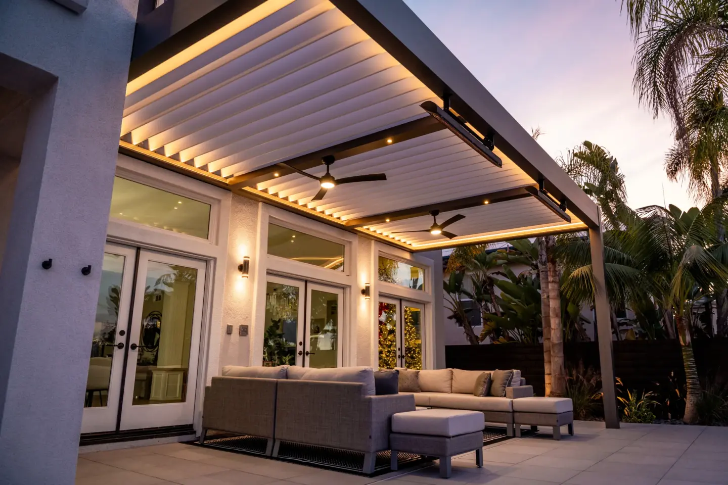Gary Bronze R Blade White Louvered Pergola with Fans and Recessed Lights