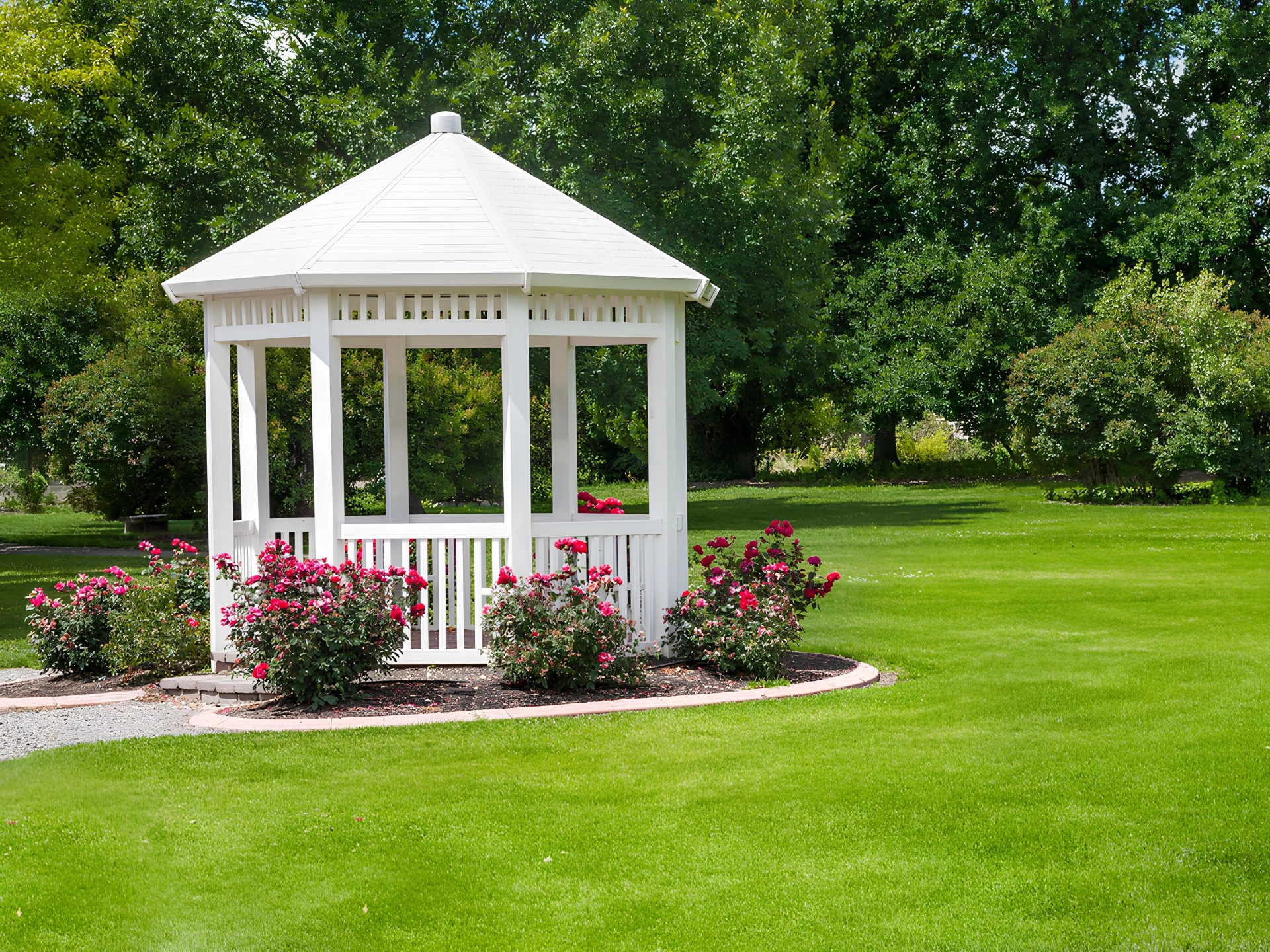 white-gazebo-with-plants-around-it-with-beautiful-trees-on-the-background-in-lincoln-ne